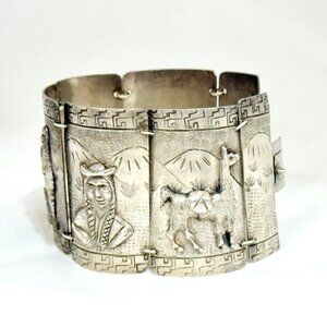 Vintage Peruvian Storyteller Panel Bracelet 900 Silver Signed